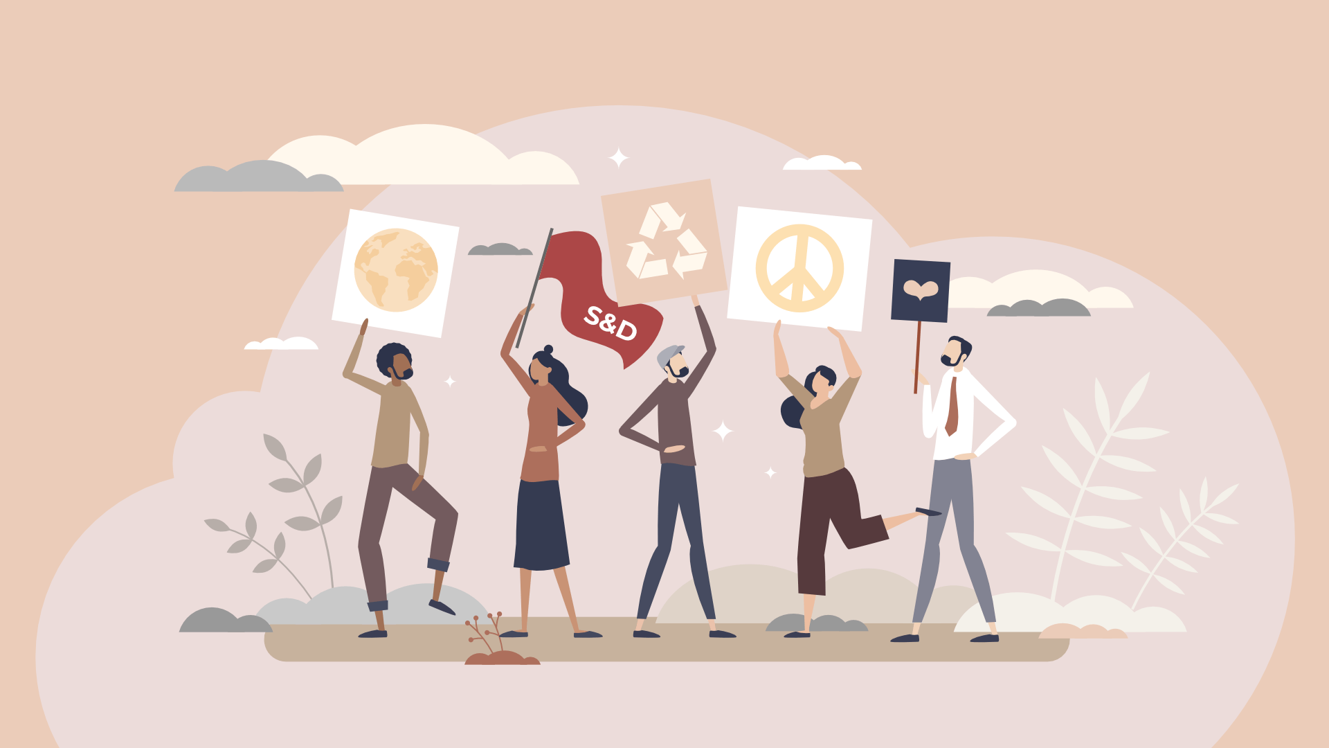 Illustration of activists demanding for good things