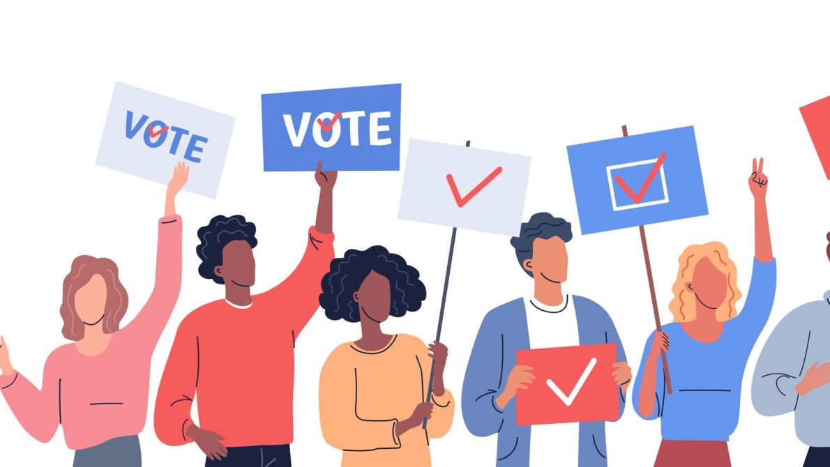 Illustration of people holding up signs to vote