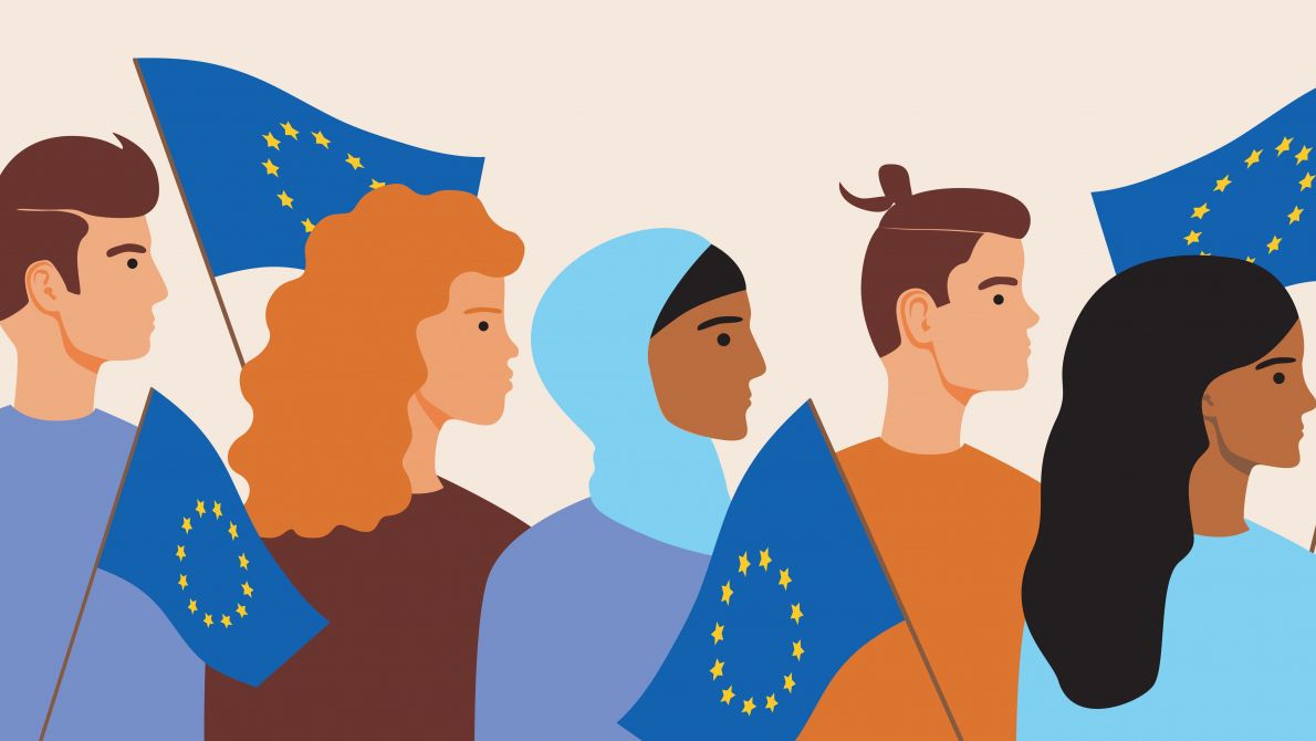 Illustration of group of people holding EU flags